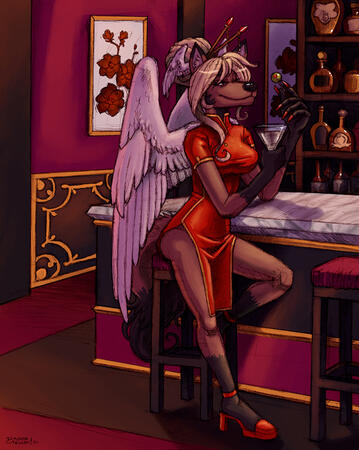 A rendered character commission with a basic background.